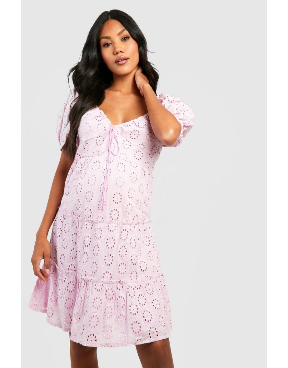 Maternity Broderie Tiered Smock Dress - lavender