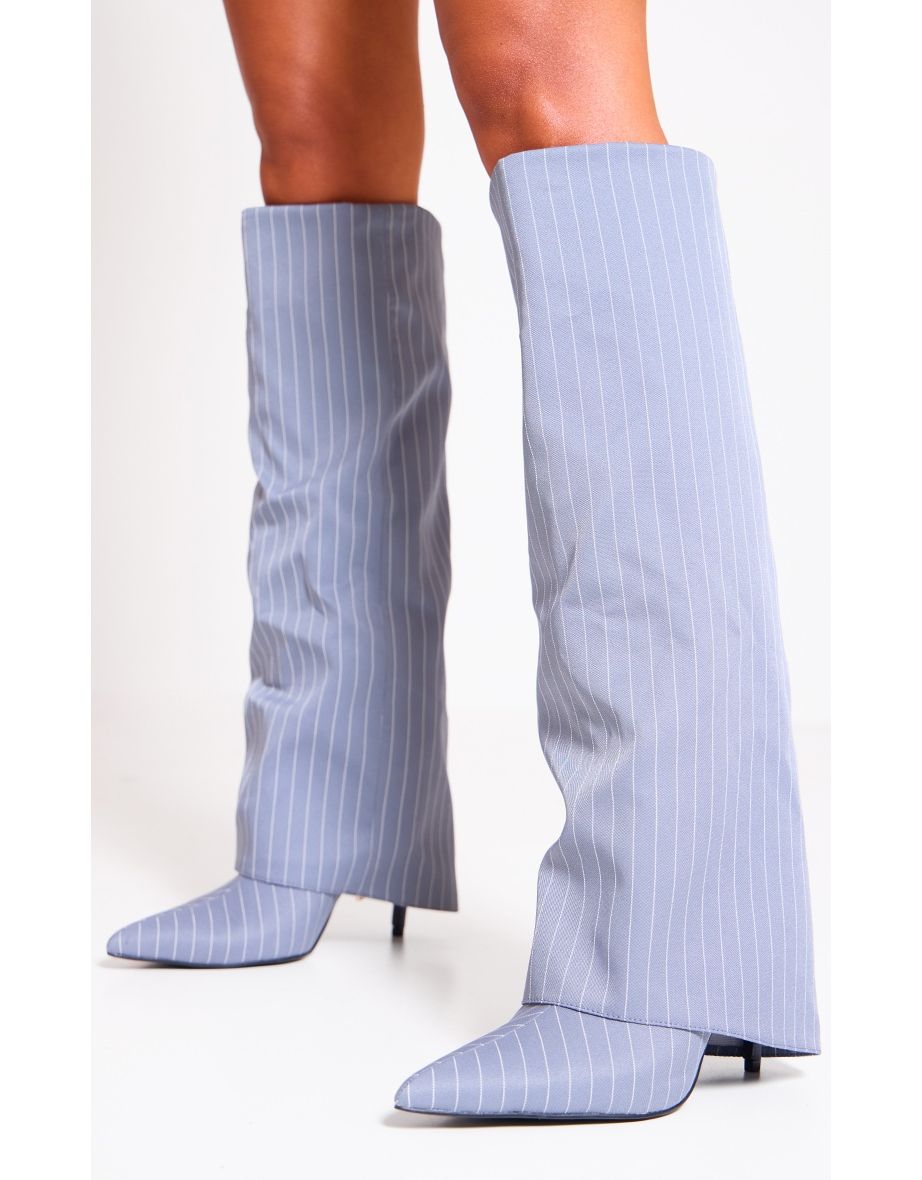 Grey Pinstripe Point Toe Fold Over Knee High Stiletto Heeled Boots
