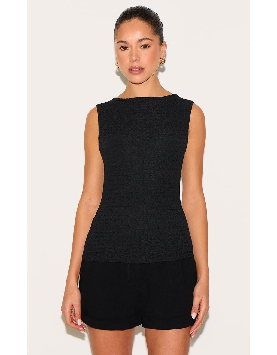 Black Textured Boat Neck Vest Top