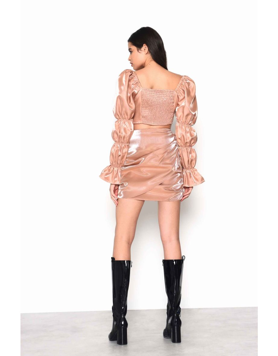 Glamorous Nude Shimmer Gather Sleeve Crop top with Rushed Bust detail - 2