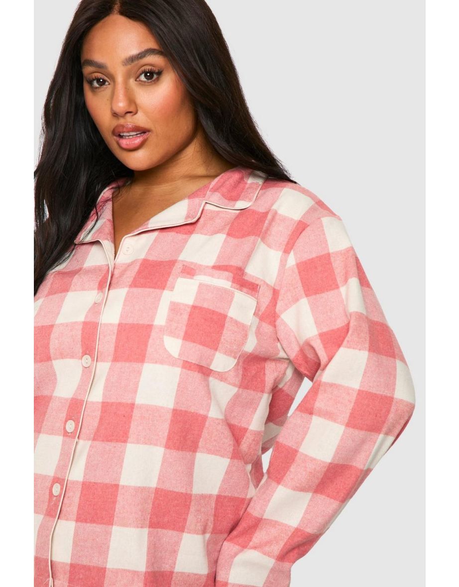 Plus Oversized Check Flannel Pyjama Set - pink - 3