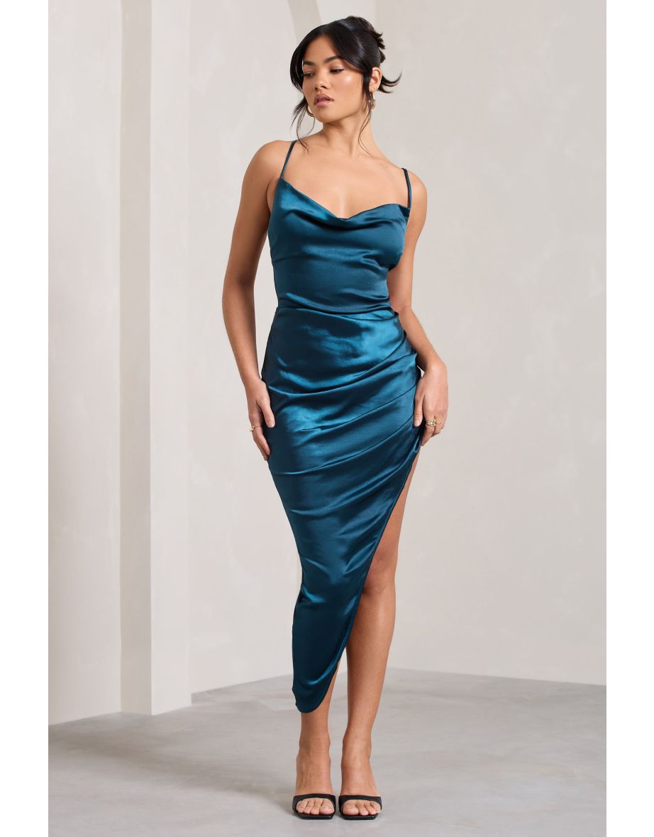 Risk It All | Teal Blue Satin Cami Cowl Neck Asymmetric Hem Dress