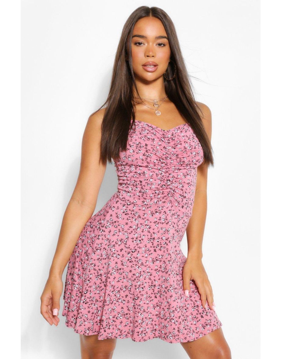 Ditsy Floral Ruched Front Strappy Skater Dress - pink - 3