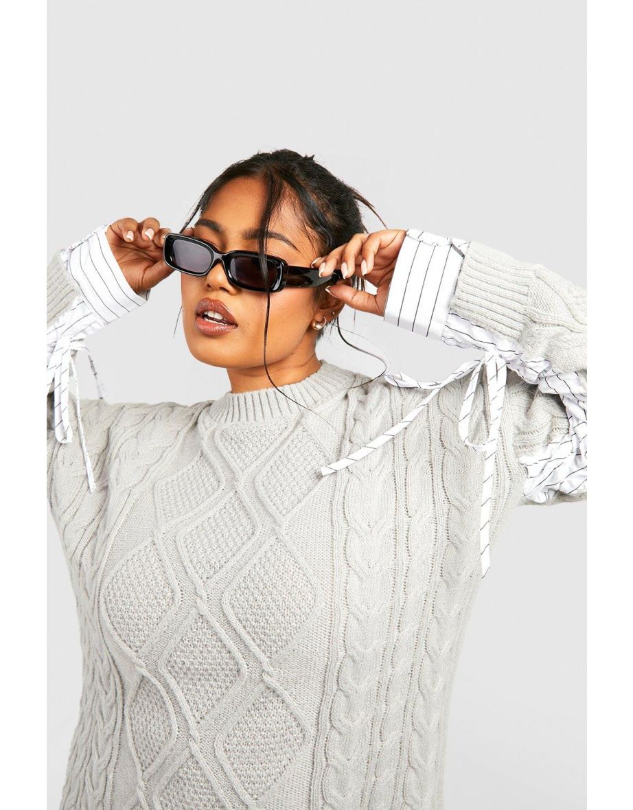 Plus Cable Knit Ruched Shirt Detail Jumper - grey - 3