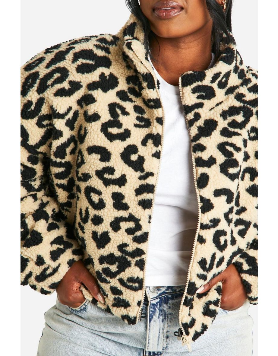 Plus Leopard Boxy Teddy Bomber Jacket - leopard - 3