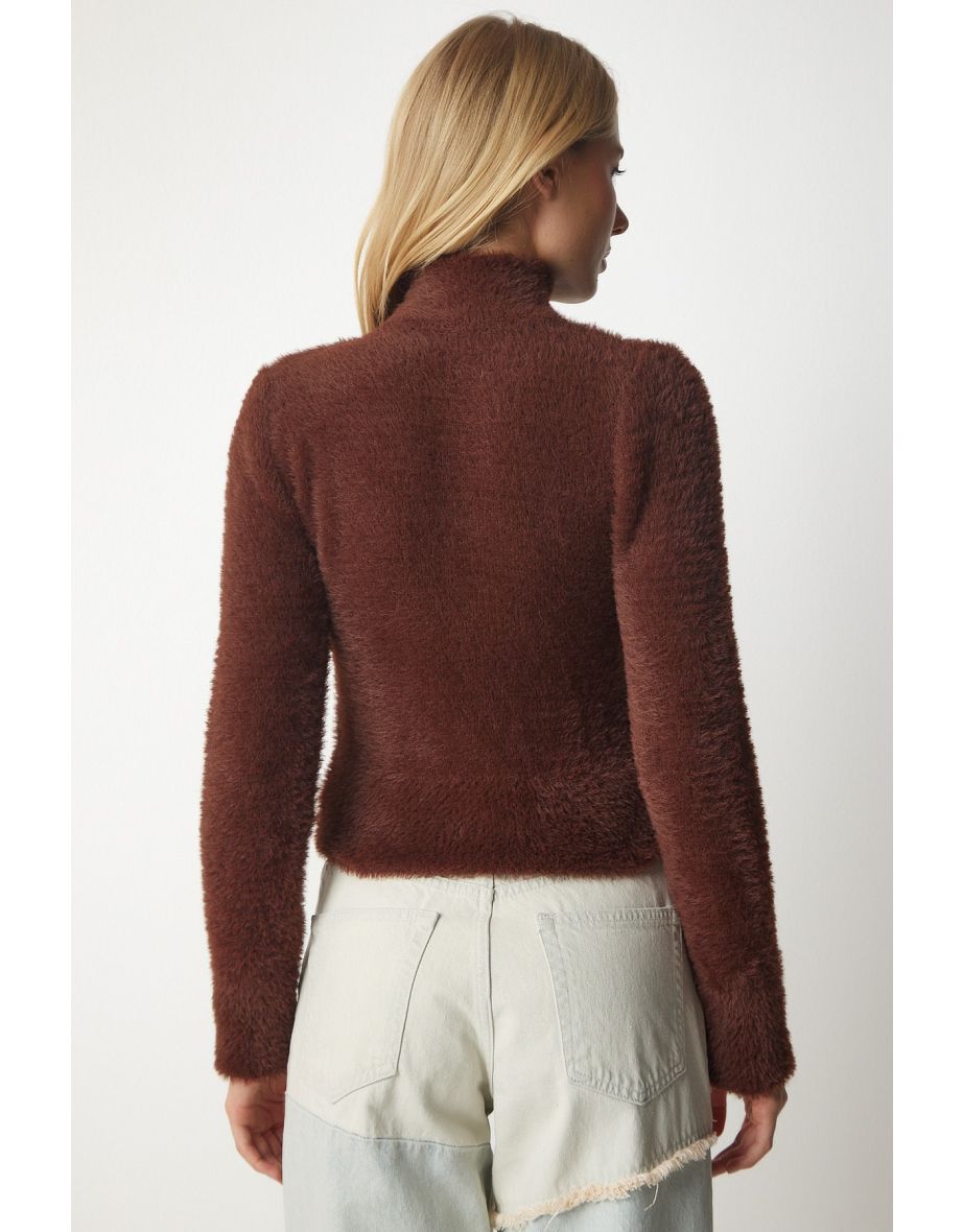 Women's Brown Turtleneck Bearded Knitwear Sweater - 5