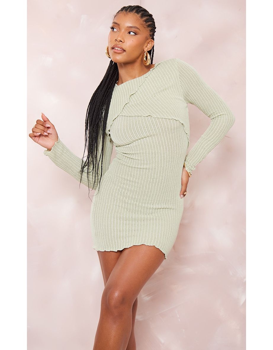 Shop Sage Green Ribbed Exposed Seam Long Sleeve Bodycon Dress Online in Oman VogaCloset