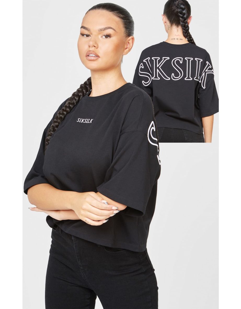 Women's SikSilk Branded Cropped T-Shirt in Black - 5