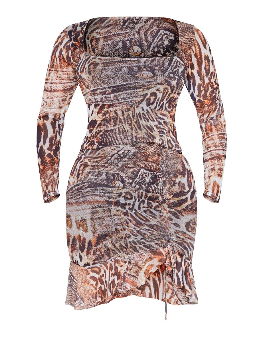 Shape Brown Leopard Denim Print Mesh Long Sleeve Frill Hem Bodycon Dress - 4