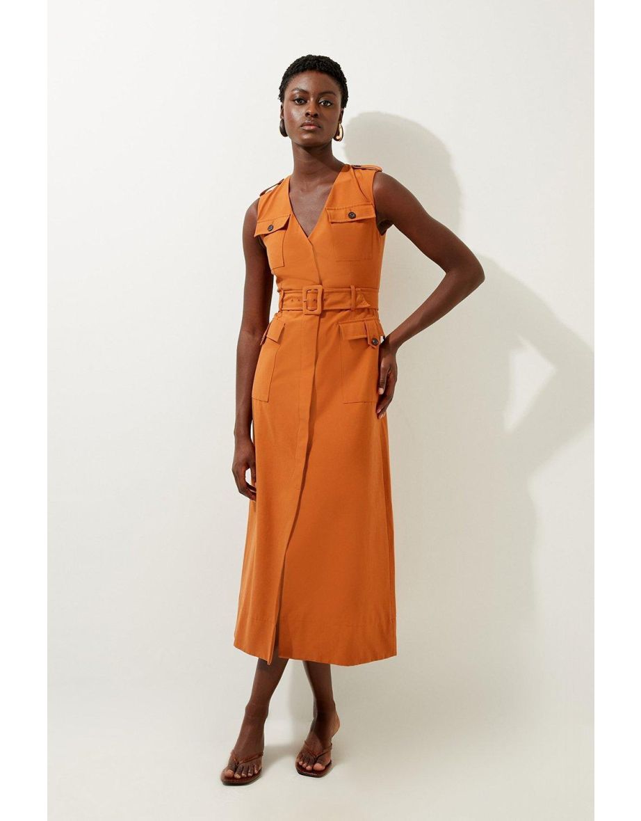 Tailored Safari Cargo Pocket Belted Midaxi Dress