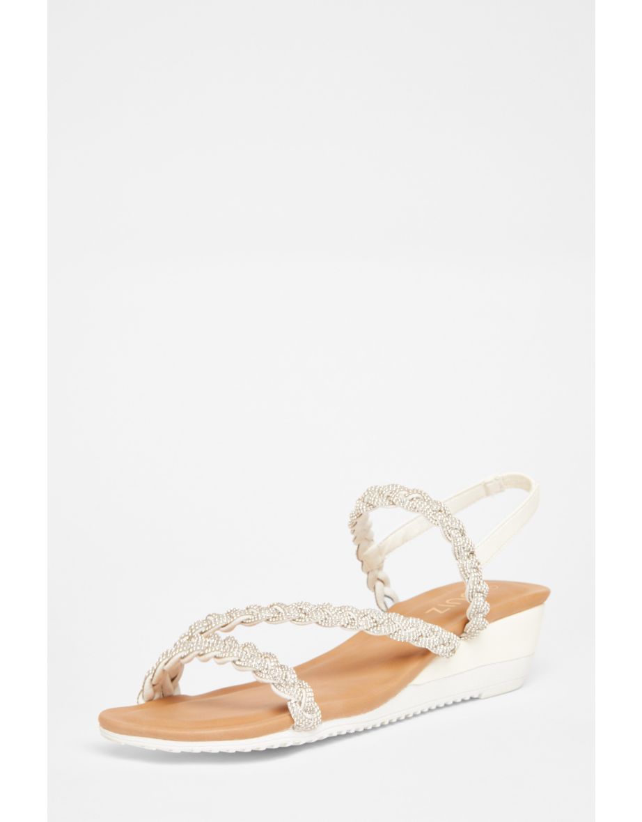 Silver Diamante Low Wedge Sandals