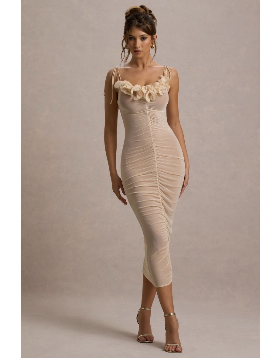 Jesi | Cream Mesh Ruched Midi Dress With Ruffles