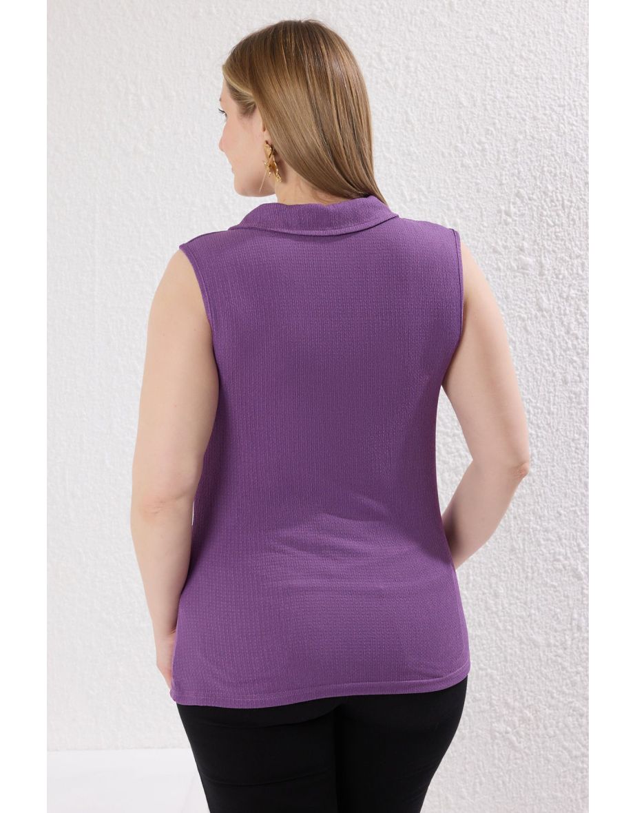 Purple Shirt Collar Pleated Knitted Plus Size Blouse - 4