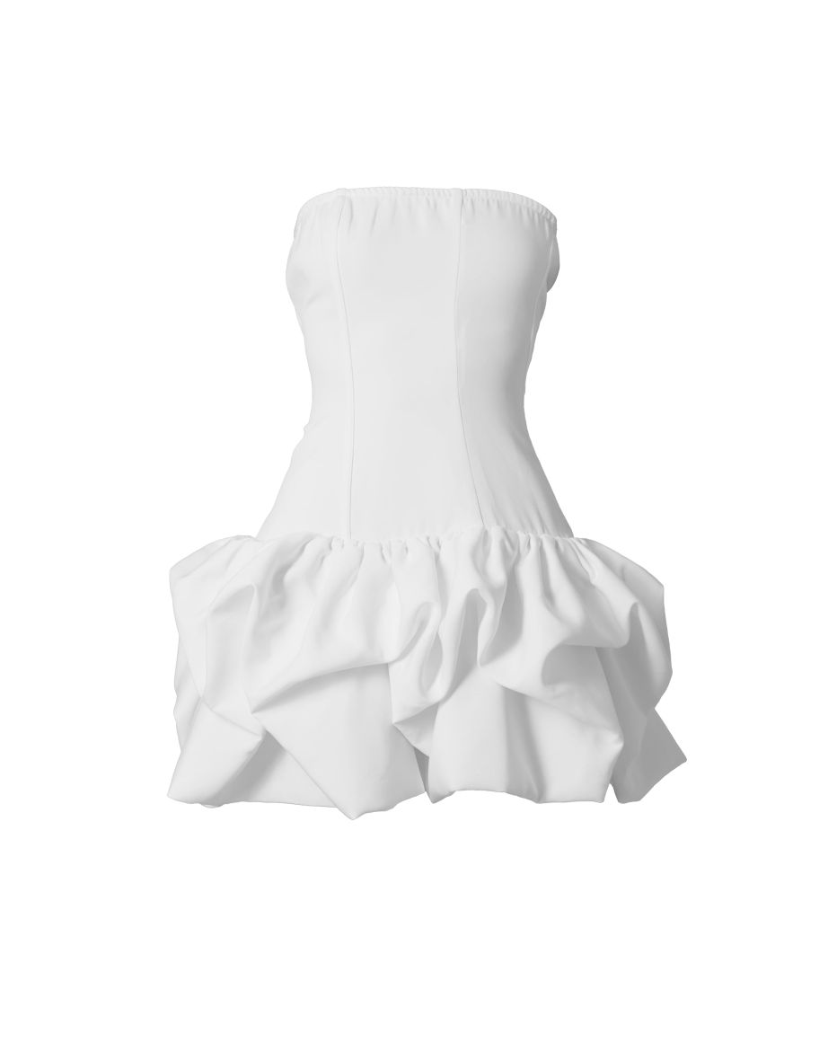 Premium White Woven Corset Puffball Hem Mini Dress - 4