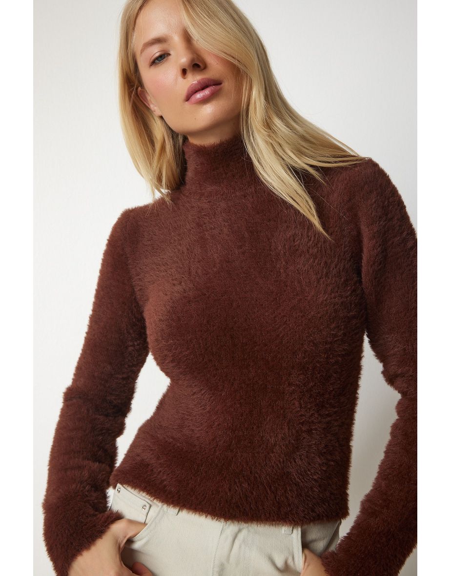 Women's Brown Turtleneck Bearded Knitwear Sweater