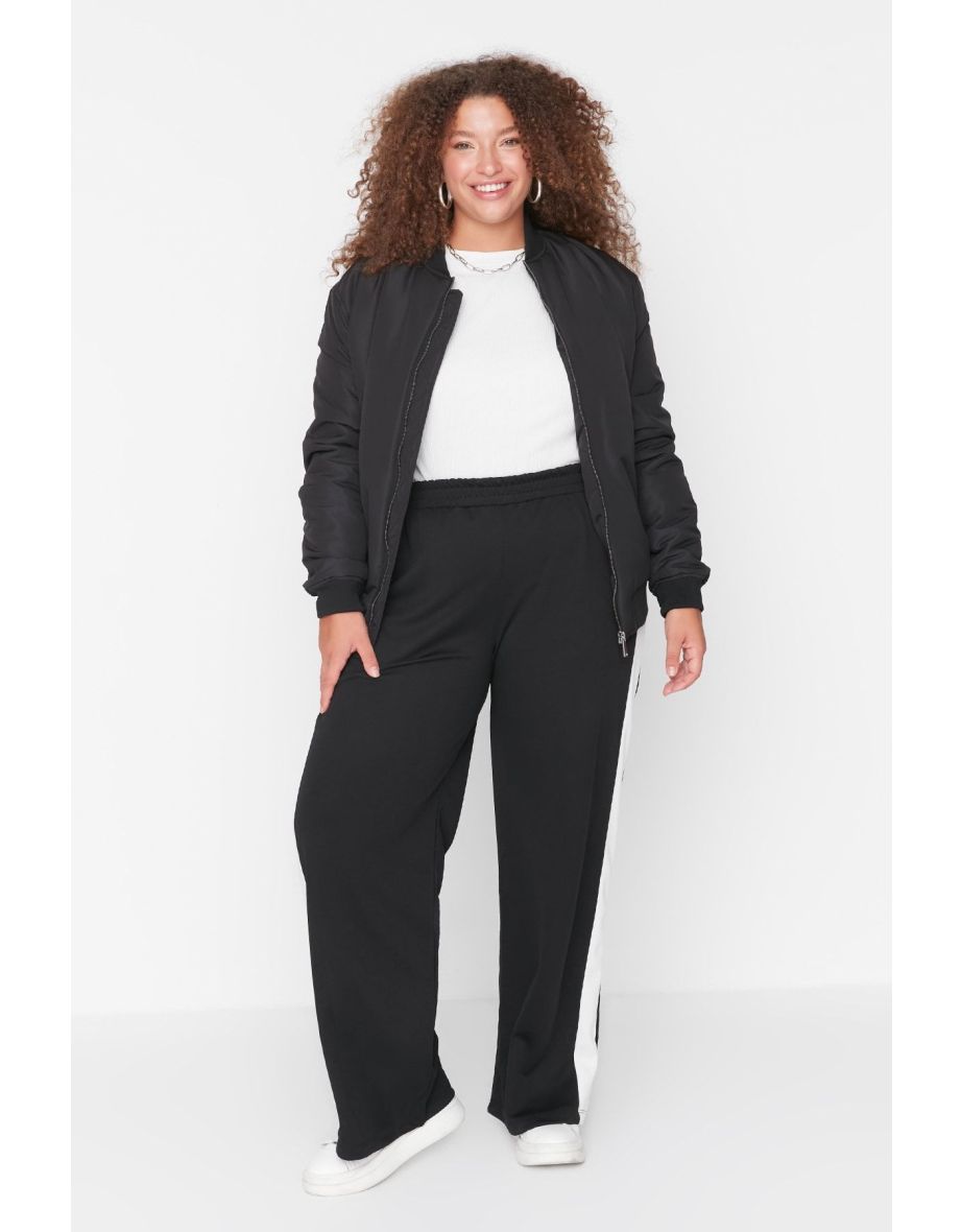Black Elastic Waist Strip Detail Wide Leg Knitted Trousers