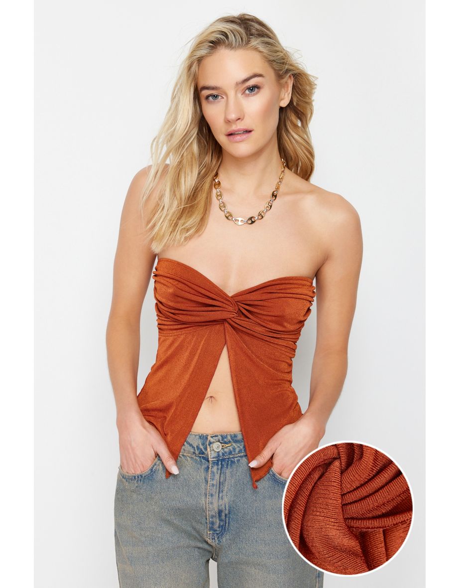 Premium Cinnamon Sweetheart Neckline Gathered Crop Knitted Blouse - 6