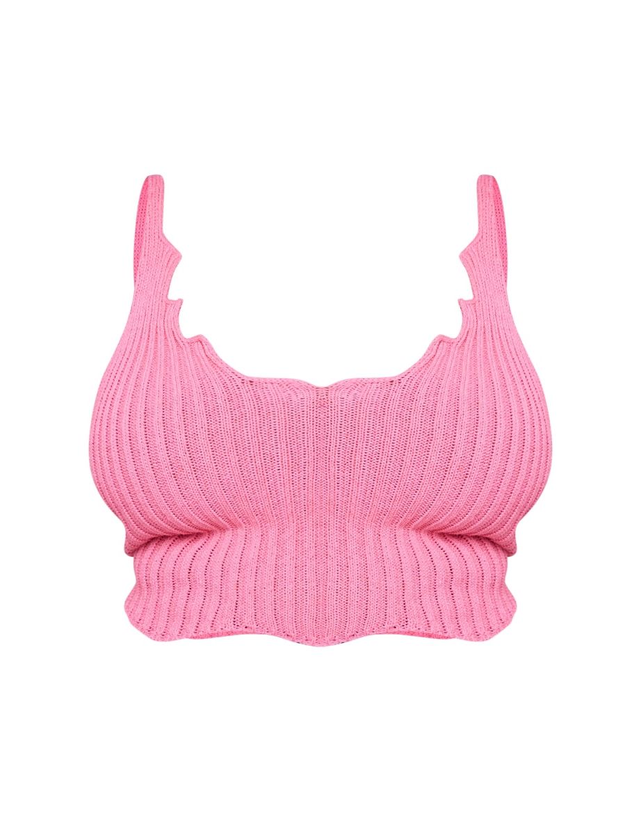 Plus Bright Pink Knit Strappy Scallop Edge Crop Top - 3