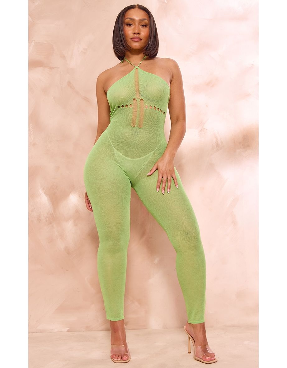 Shape Sage Green Knit Sheer Halterneck Jumpsuit