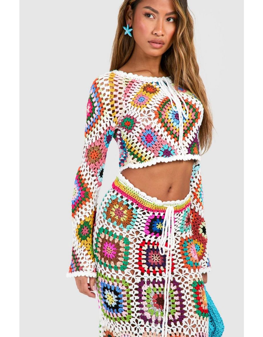 Premium Patchwork Crochet Long Sleeve Top - white - 3