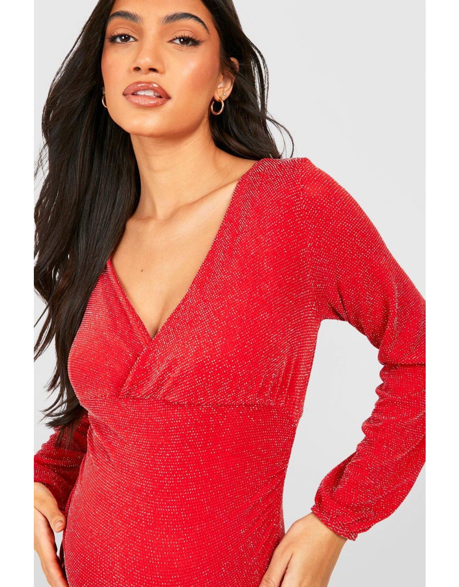 Maternity Glitter Wrap Mini Dress - wine - 3