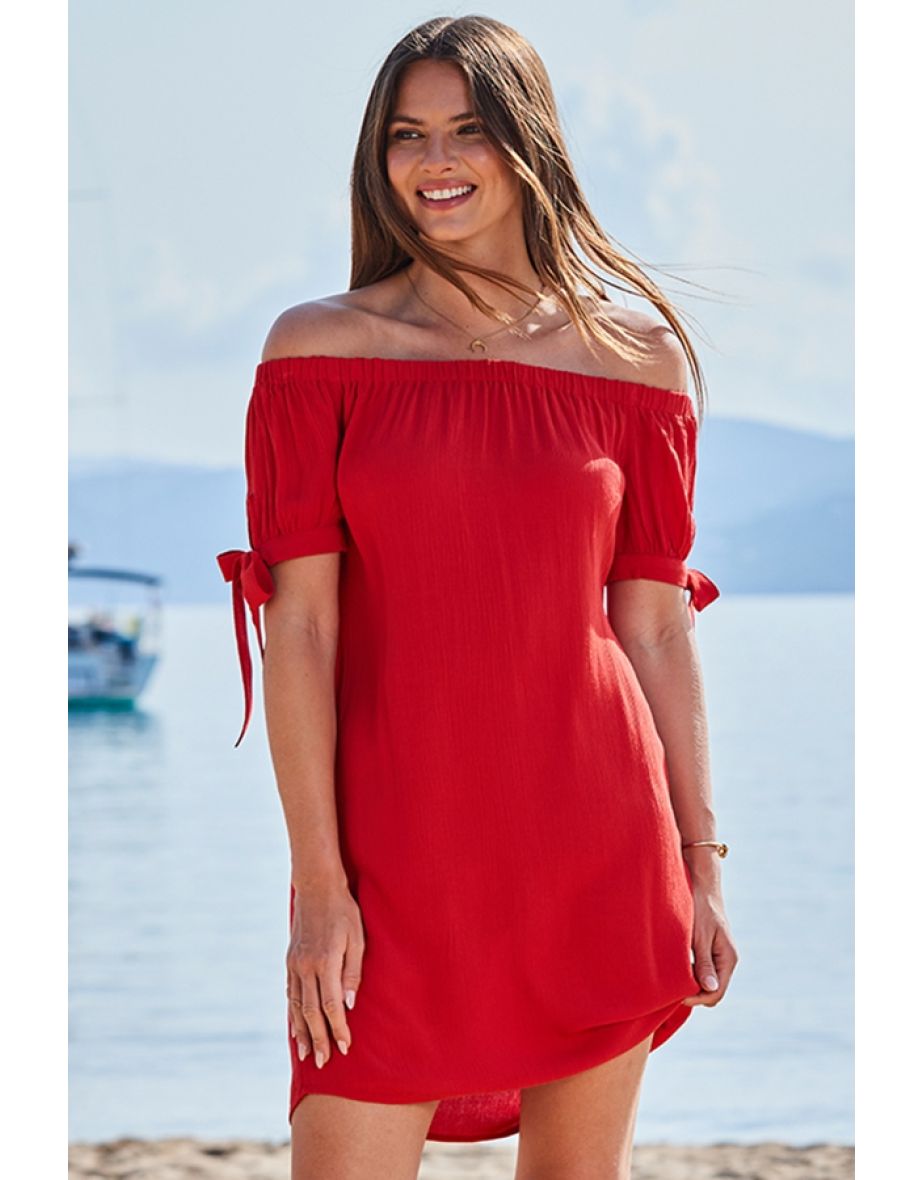 Red Crinkle Bardot Shift Dress - 4