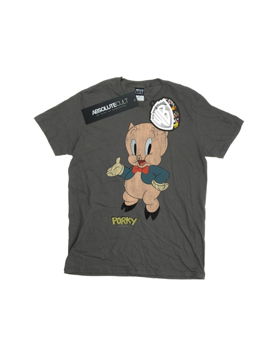 Looney Tunes Mens Porky Pig Distressed T-Shirt - Charcoal