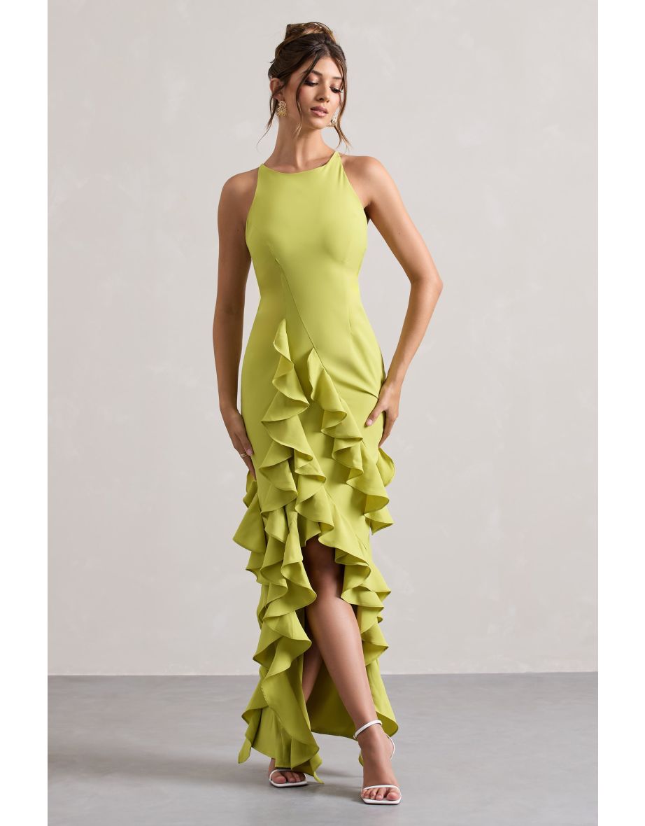 Sommer | Lime Green Racer-Neck Ruffle Maxi Dress