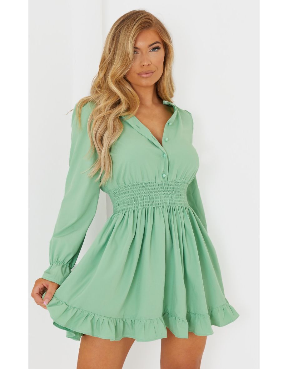 Sage Green Shirred Waist Shirt Dress