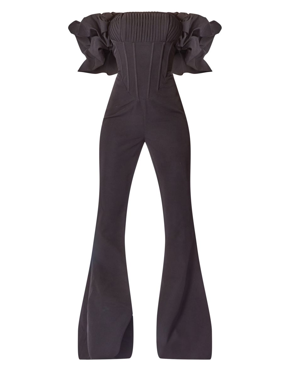 Black Woven Pleated Corset Detail Bardot Frill Jumpsuit. - 4