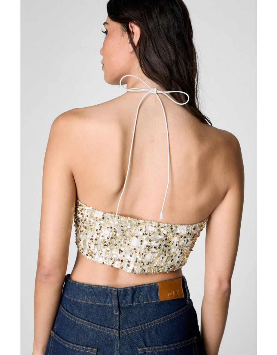 Check Sequin Halter Neck Crop Top - 3