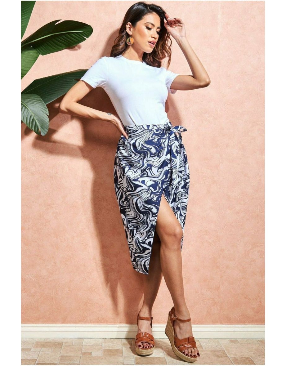 City Goddess Printed High Waist Wrap Midi Skirt - Navy