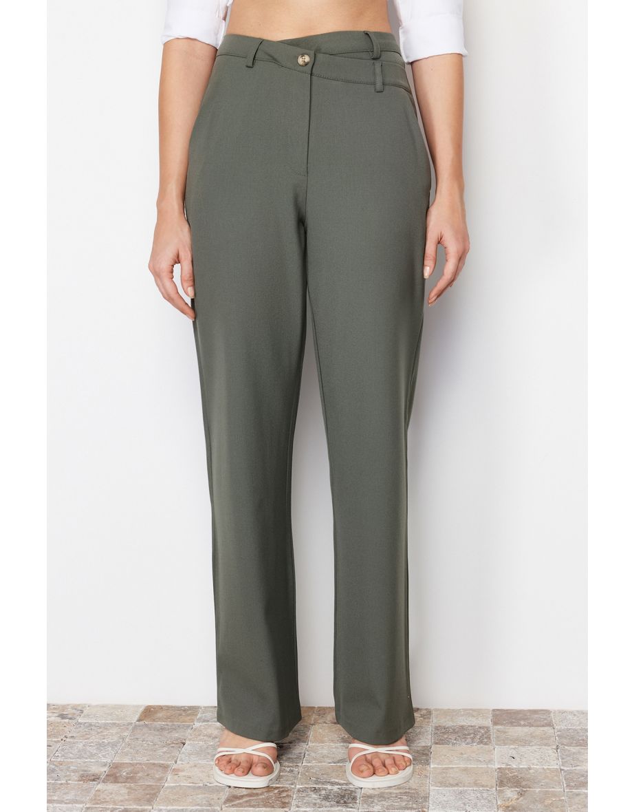 Khaki Premium Straight Cut Asymmetric Waist Detailed Woven Trousers - 5