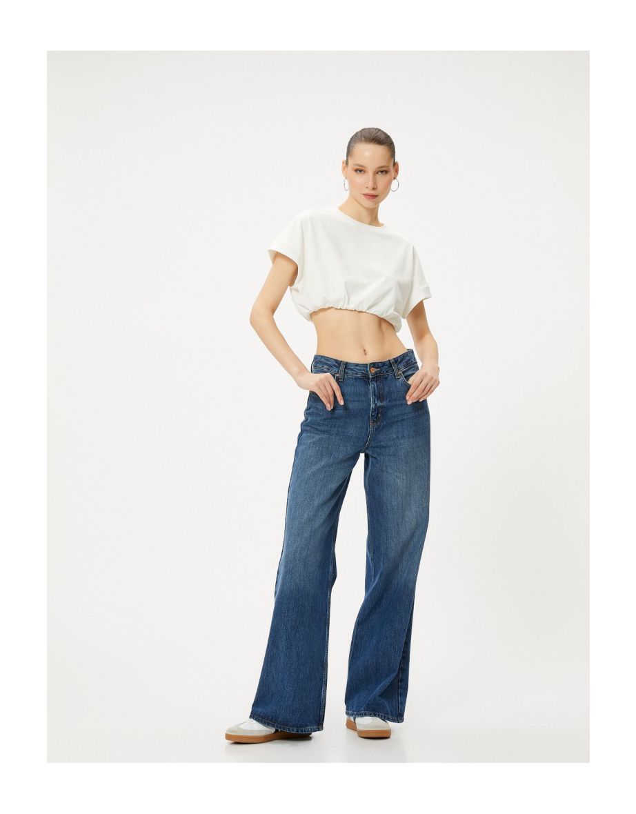 Crop T-Shirt Elastic Hem Short Sleeve Crew Neck Cotton
