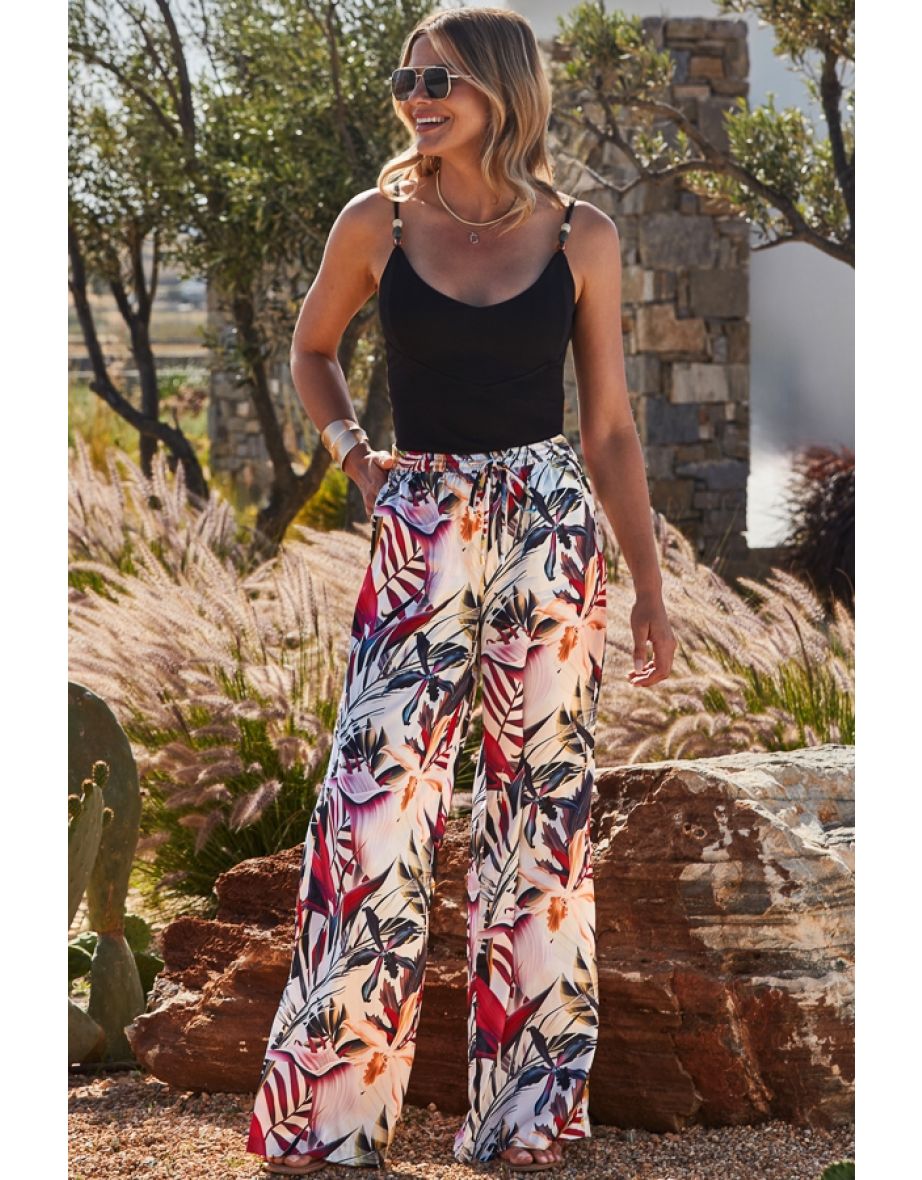 Ivory Tropical Print Premium Satin Wide Leg Trousers