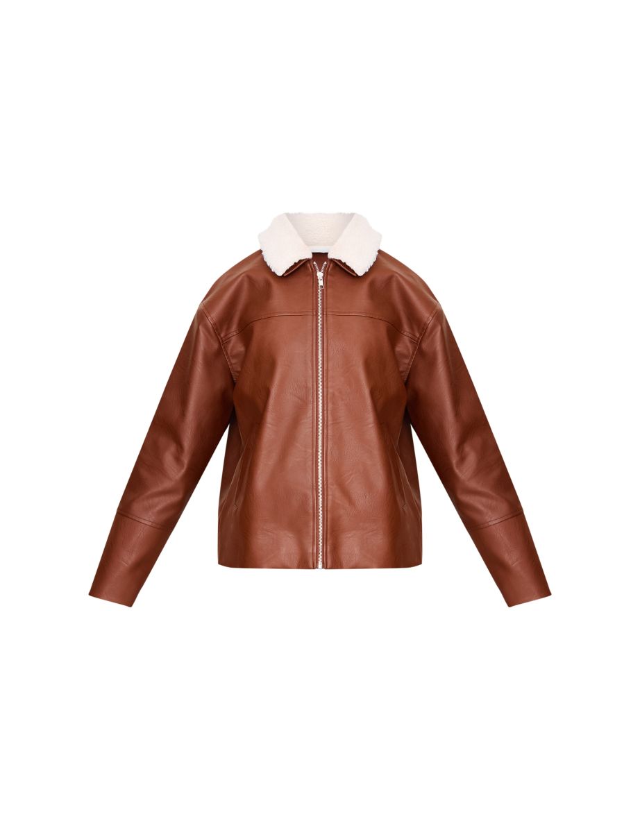 Washed Brown Detachable Faux Fur Collar Faux Leather Jacket - 4