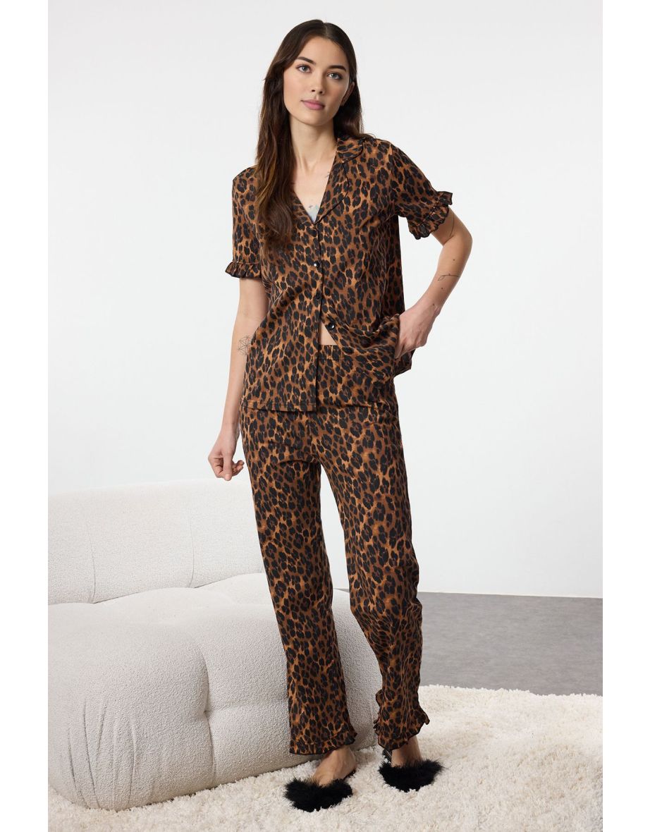 Leopard 100% Cotton Ruffle Detailed Knitted Pajama Set