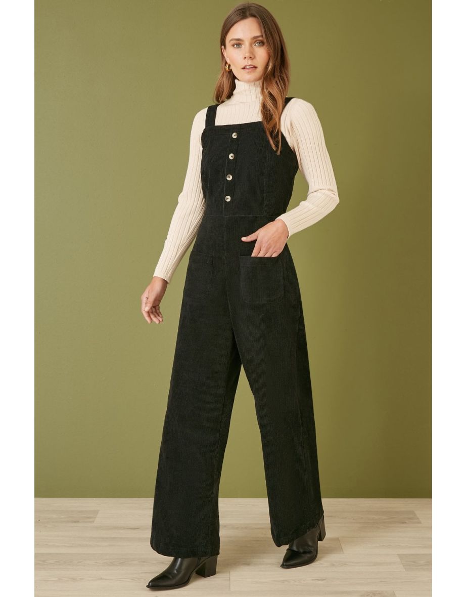 Yumi Black Cord Stretch Dungaree Style Jumpsuit