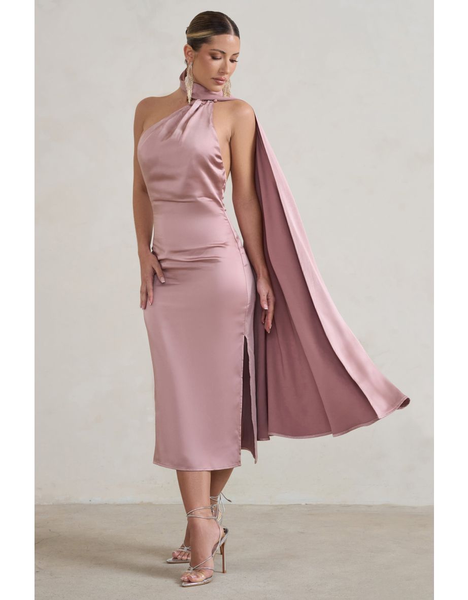 Madame | Blush Pink Satin Asymmetric Scarf Neck Backless Midi Dress - 3