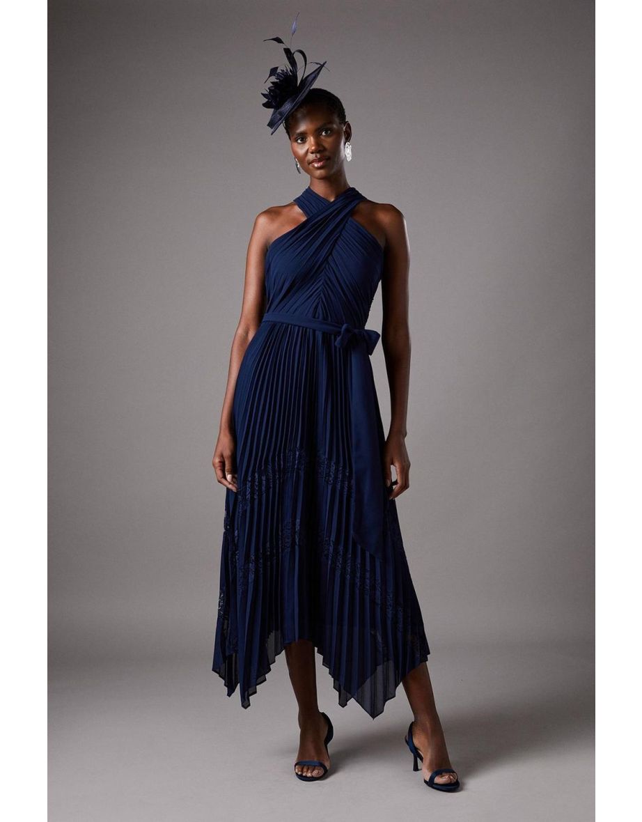 Pleated Halter Neck Lace Insert Midi Dress