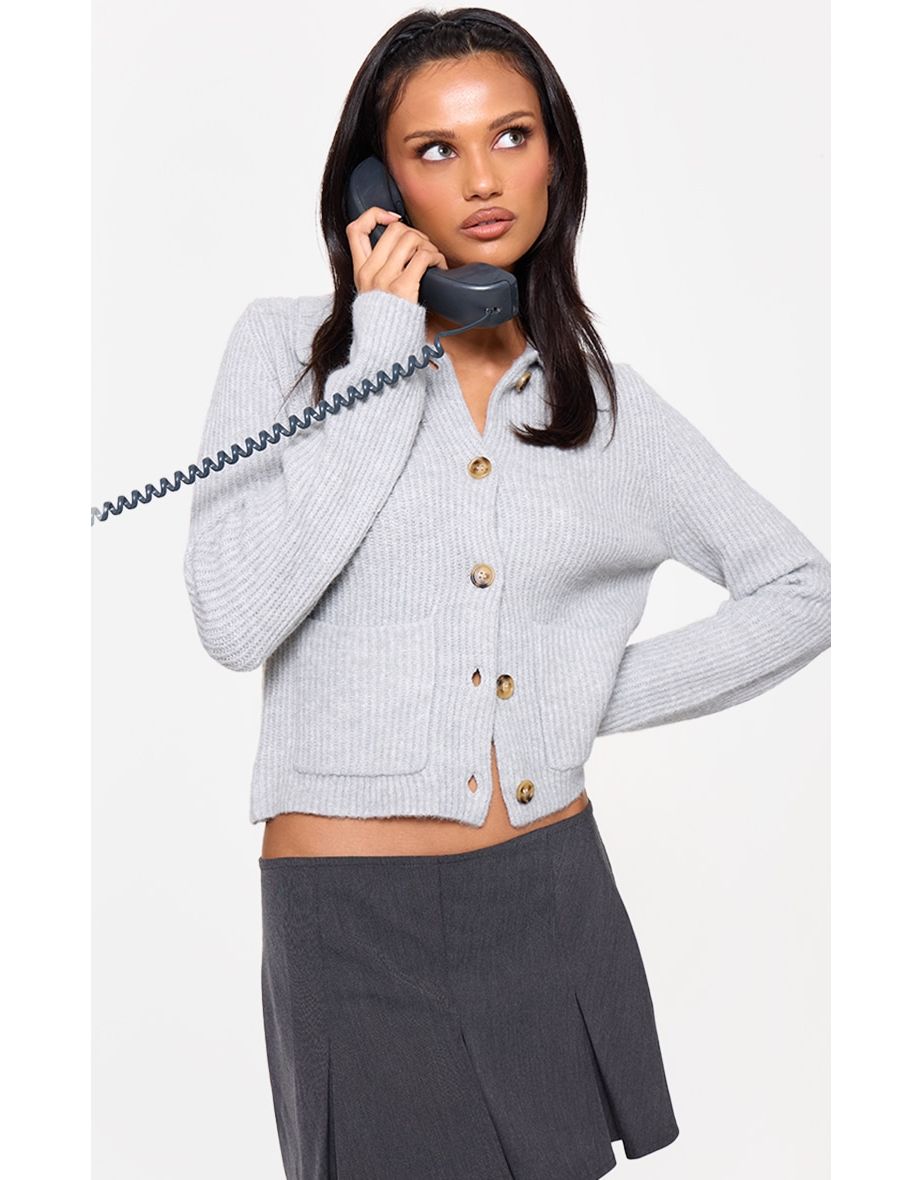 Grey Soft Textured Knit Button Up Collar Detail Cardigan