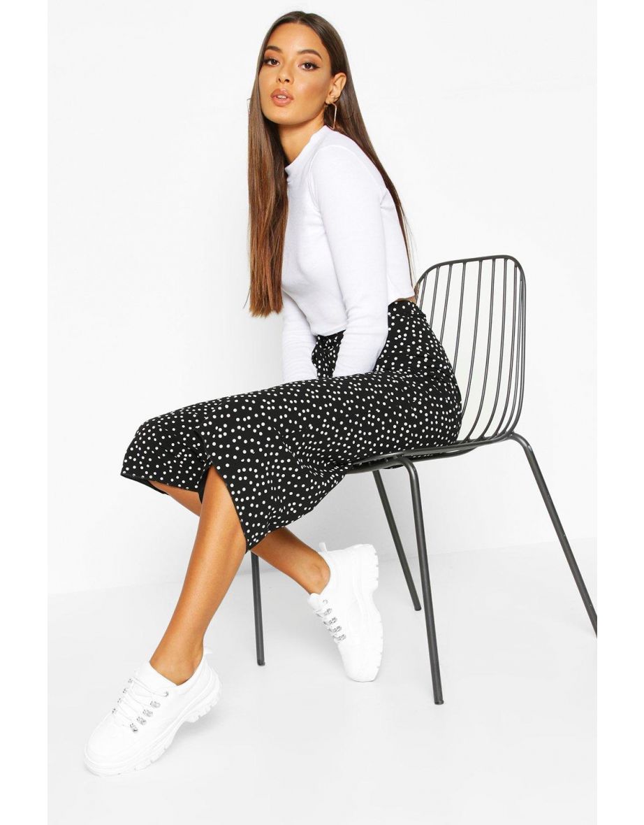Belted Woven Polka Dot Culottes - black