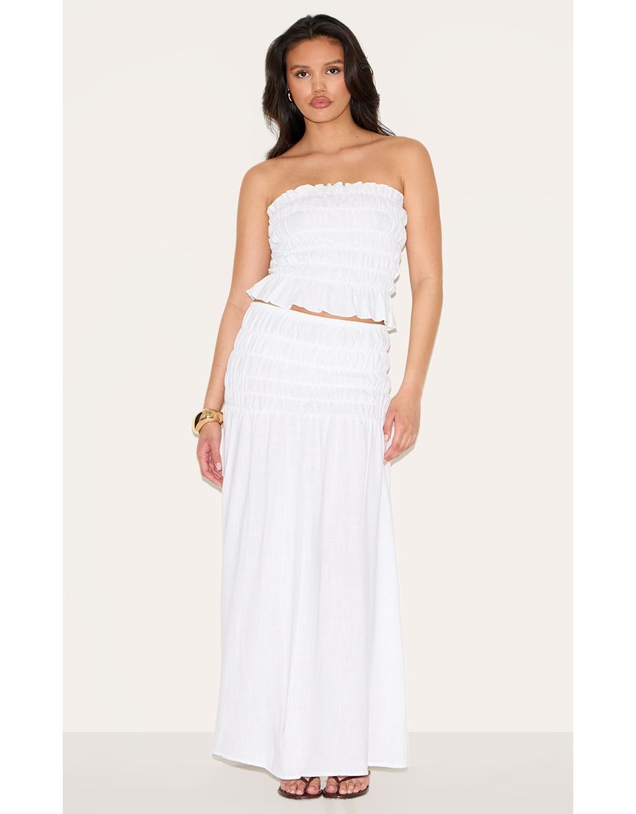 White Textured Shirred Bandeau Top