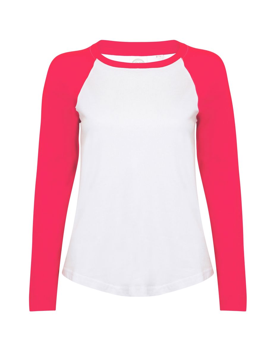 Skinnifit Womens/Ladies Long Sleeve Baseball T-Shirt - White /Hot Pink