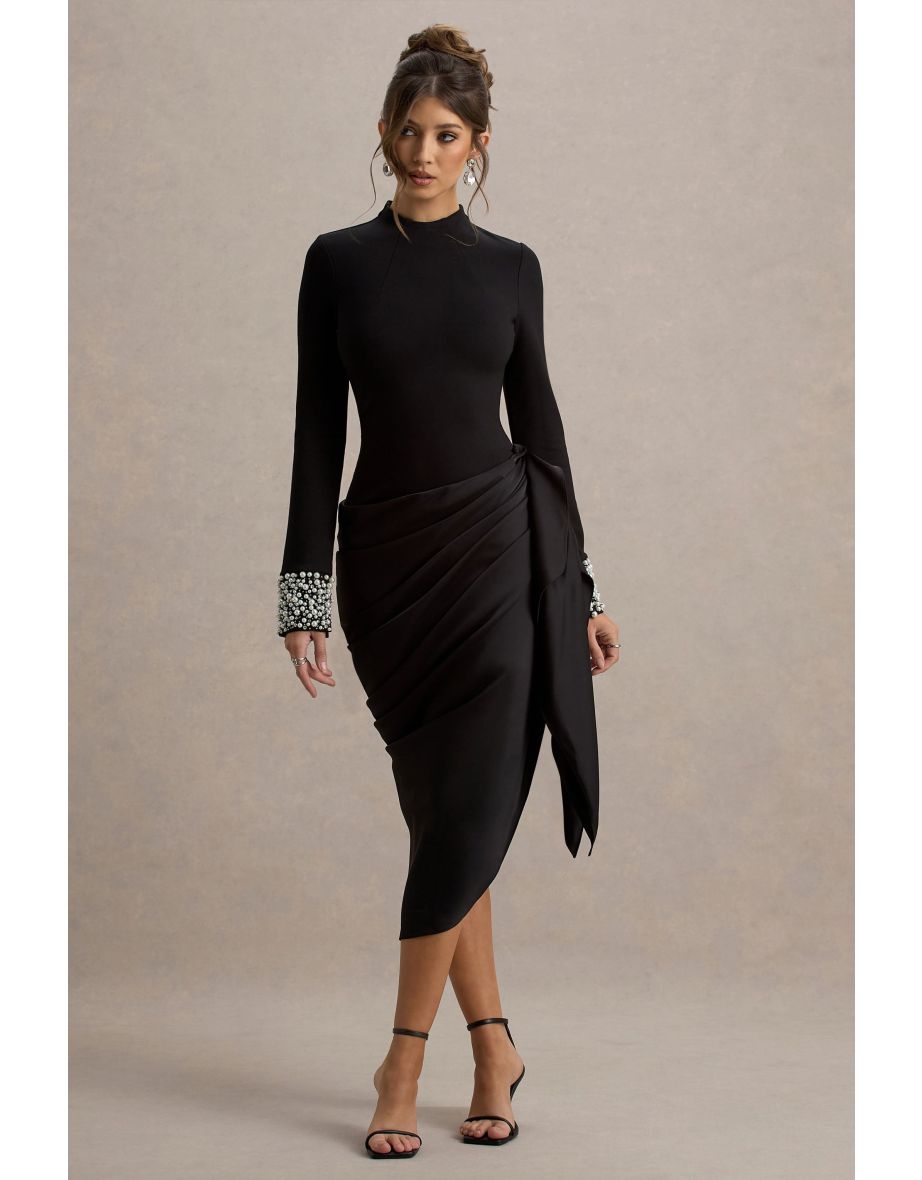 Luanna | Black Satin Long-Sleeve Midi Dress With Draped Skirt