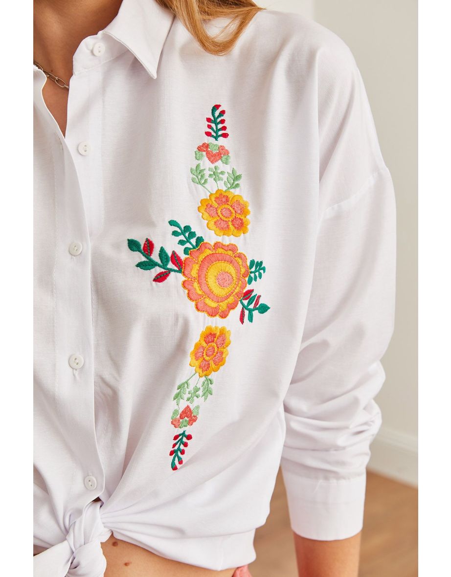 Women's Orange Floral White Embroidery Detailed Oversize Woven Shirt - 7
