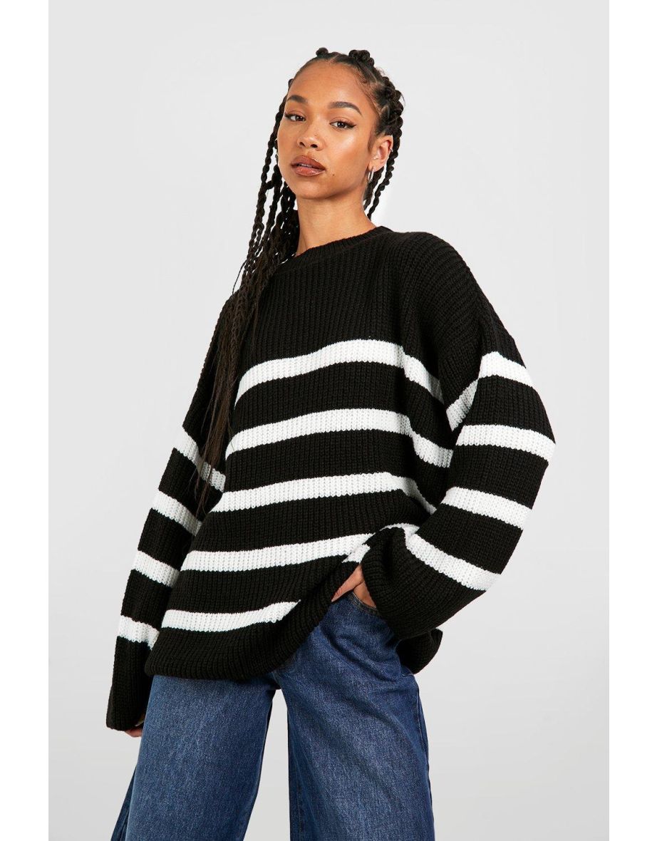 Tall High Neck Wide Sleeve Striped Jumper - black