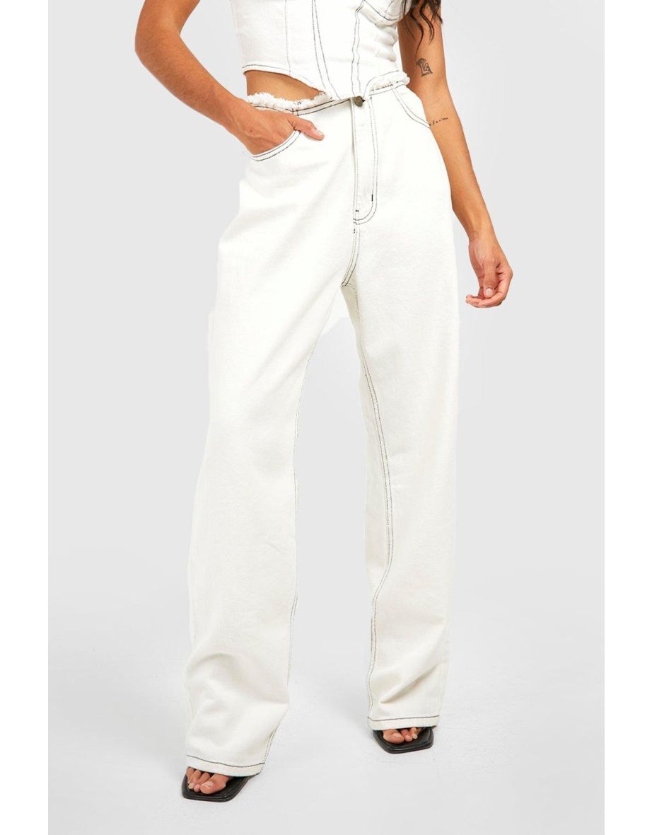Fray Hem Waistband Contrast Stitch Wide Leg Jeans - ecru - 3