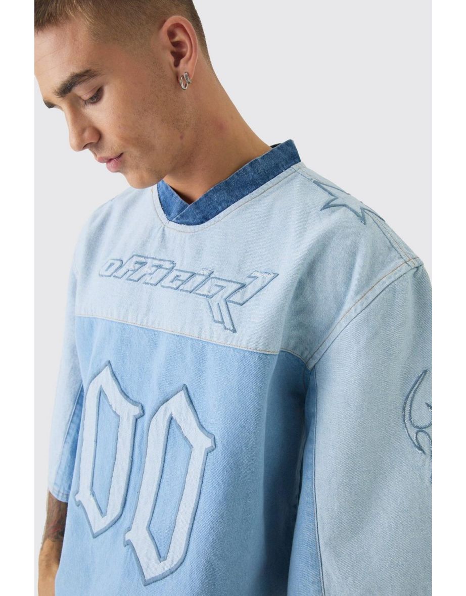 Oversized Embroidery Football Denim T-Shirt - light blue - 2