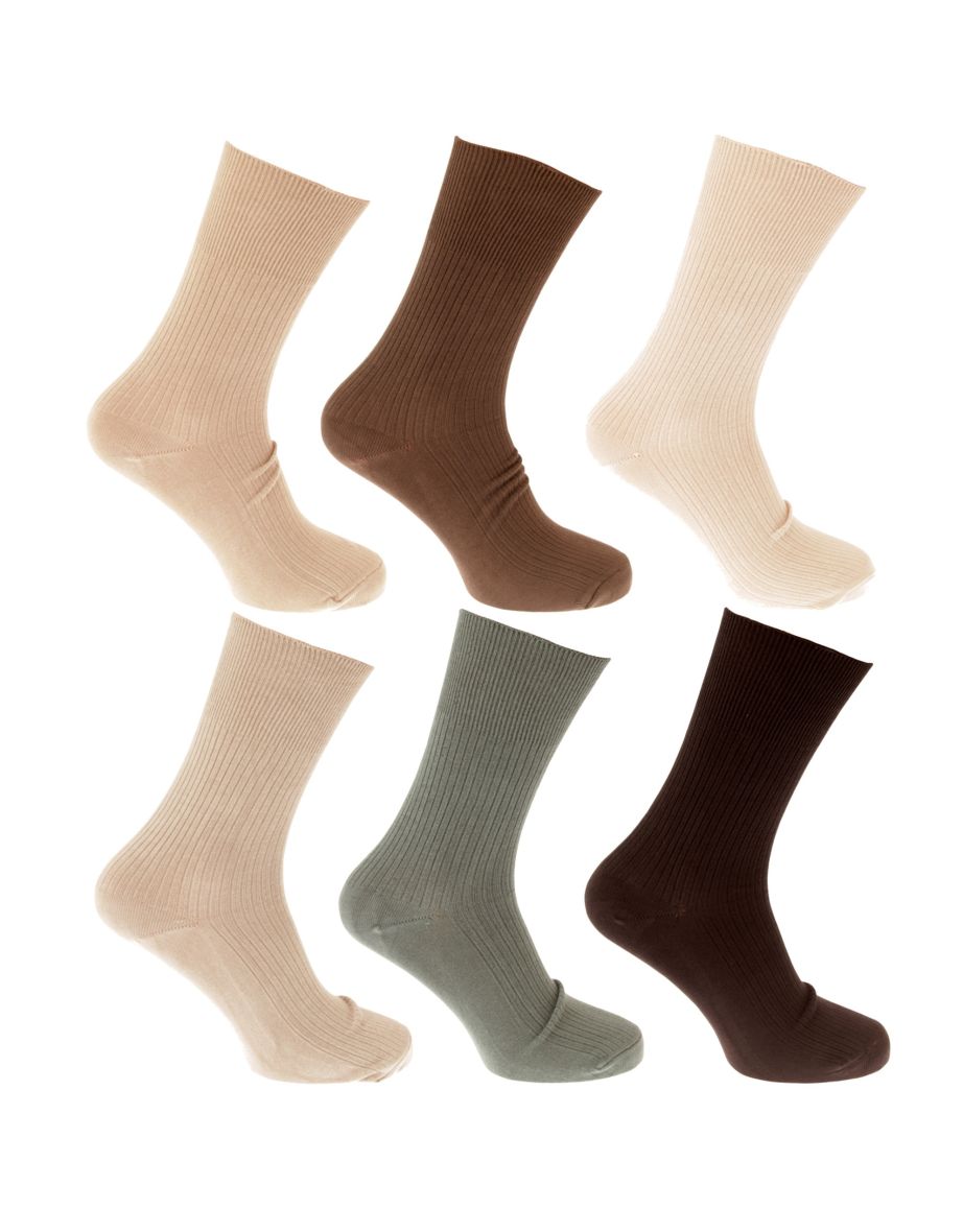 Mens Bamboo Super Soft Work/Casual Non Elastic Top Socks (Pack Of 6) - Olive/Beige/Cream